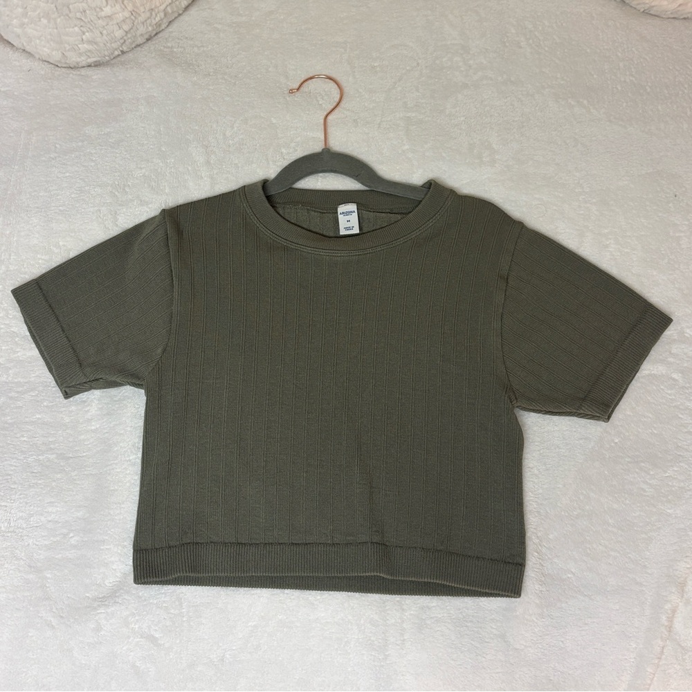 Olive Green Ribbed Short Sleeve Top